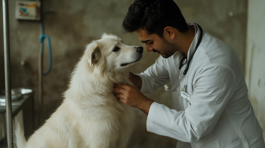 Veterinarian examining Akbash dog during routine health check