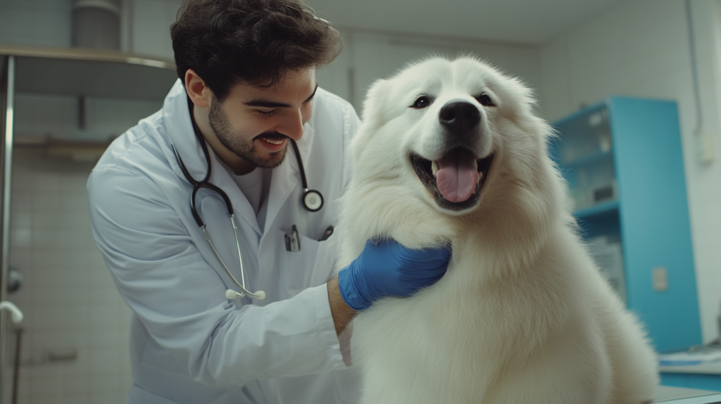 Veterinarian conducting health screening tests on Akbash dog