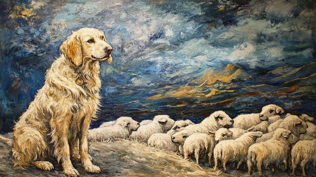 Akbash dog guarding sheep, demonstrating natural protective instincts