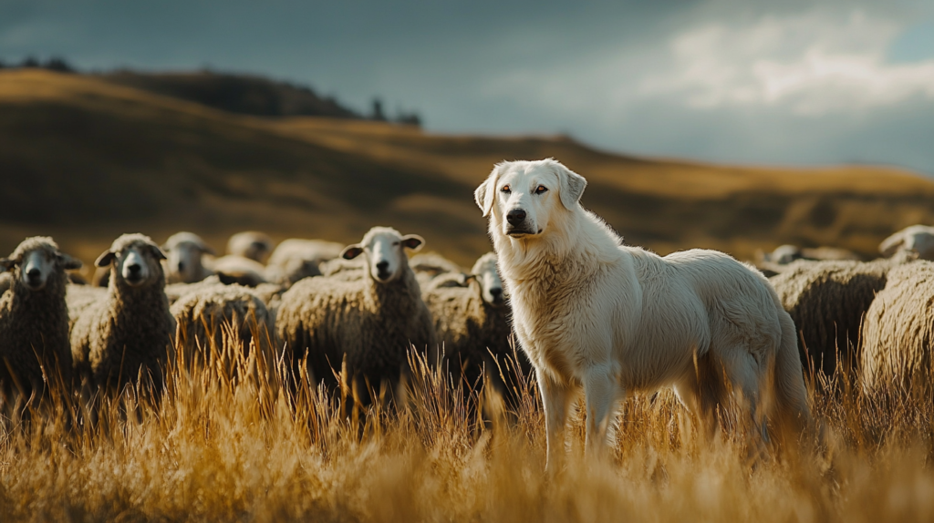 Akbash dog practicing livestock guardian duties under supervision