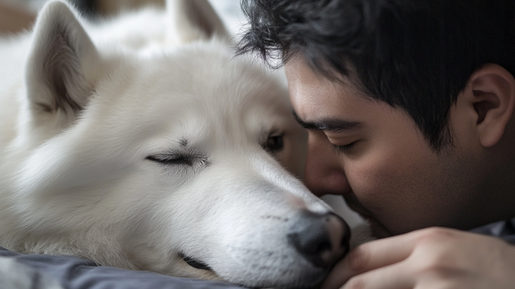 Owner performing regular health check on Akbash dog at home