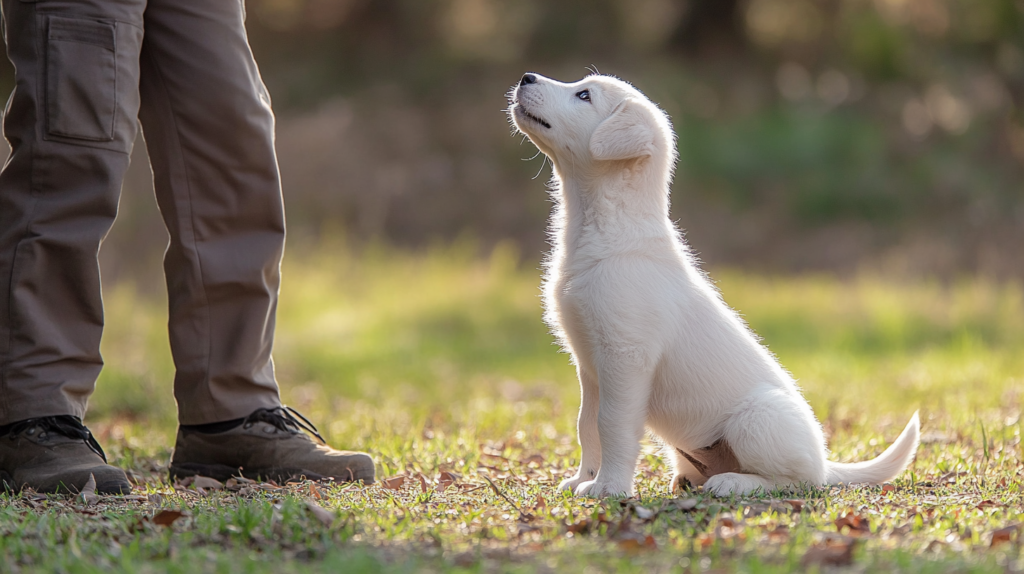 Young Akbash puppy learning basic commands during early socialization training