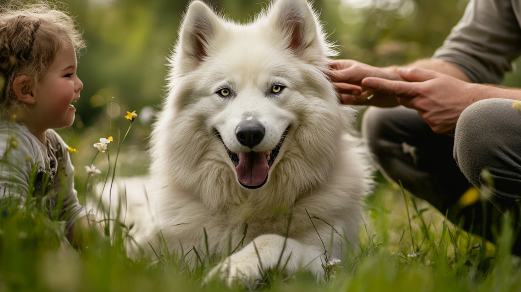 Akbash dog interacting with family, showing gentle protective nature