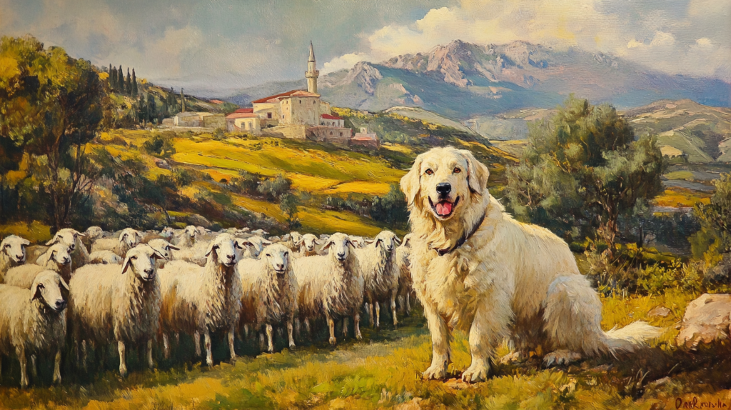 Akbash dog protecting sheep flock in traditional Turkish farming setting