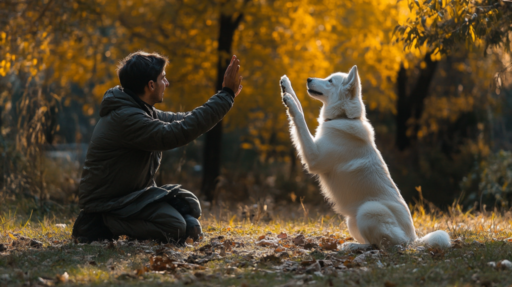 Owner training Akbash dog, demonstrating positive reinforcement techniques