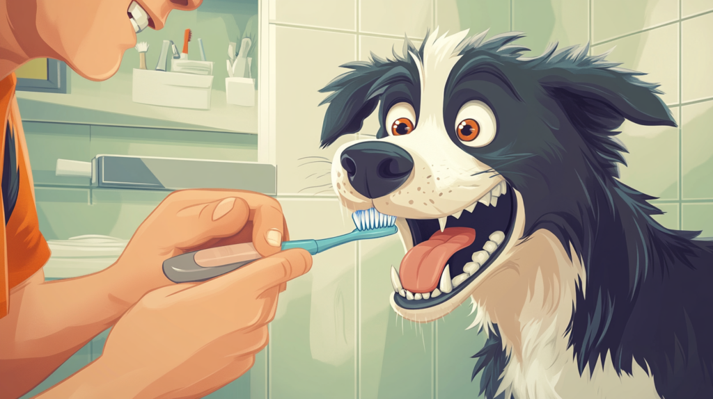 Owner brushing Border Collie's teeth as part of regular dental care routine