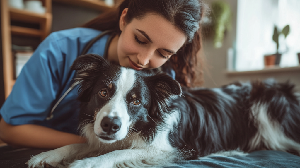 Veterinarian listening to Border Collie's heart, checking for Patent Ductus Arteriosus