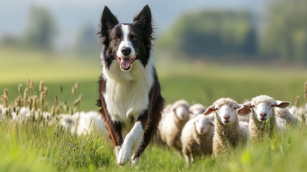 Border Collie demonstrating herding instinct with sheep in a field