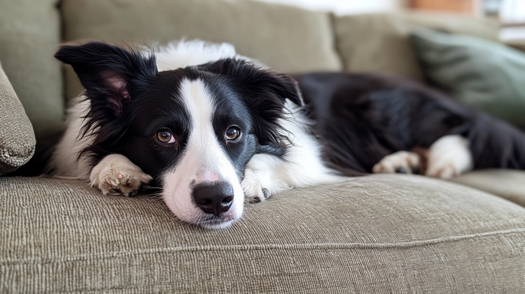 Border Collie displaying symptoms of hypothyroidism, including weight gain and lethargy