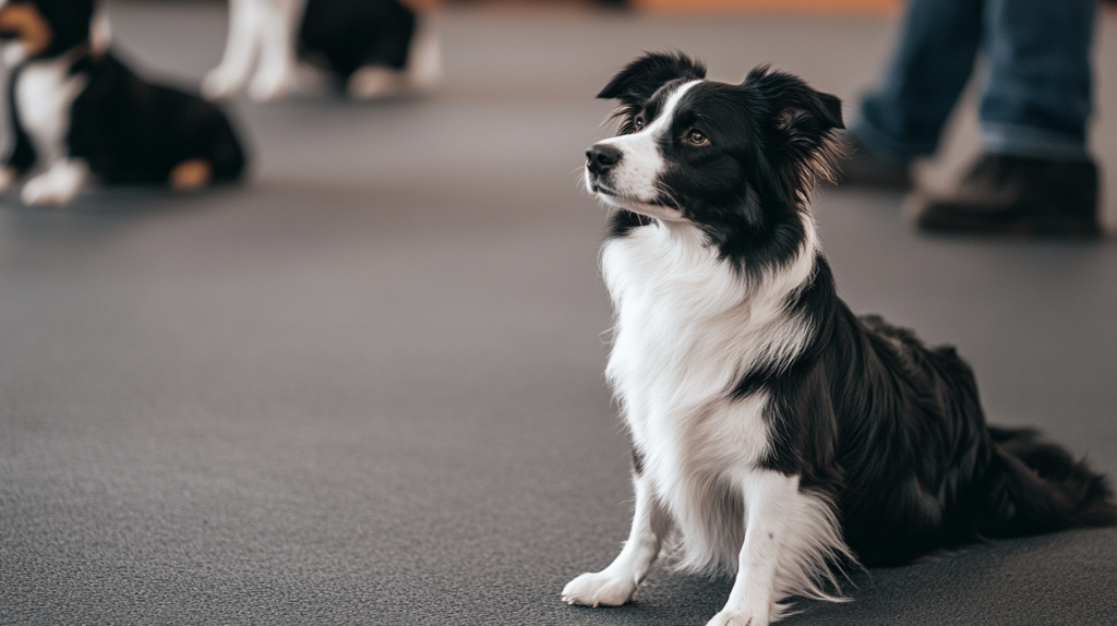 Border Collie participating in group obedience training class with other dogs