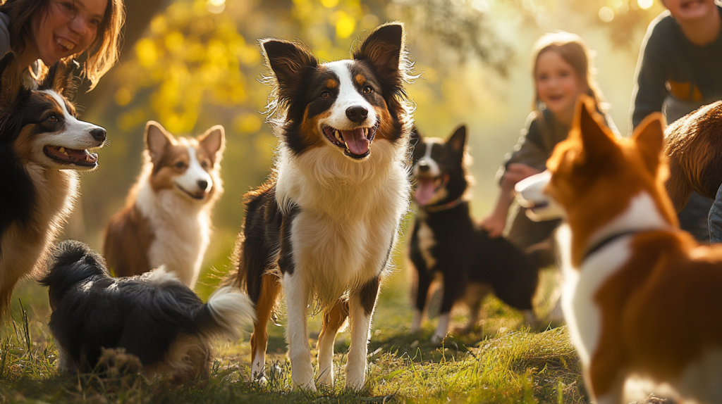 Border Collie interacting with other dogs and people during socialization training