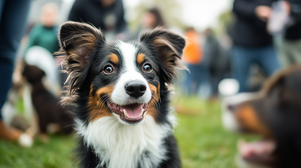 Young Border Collie in socialization class with other dogs and people