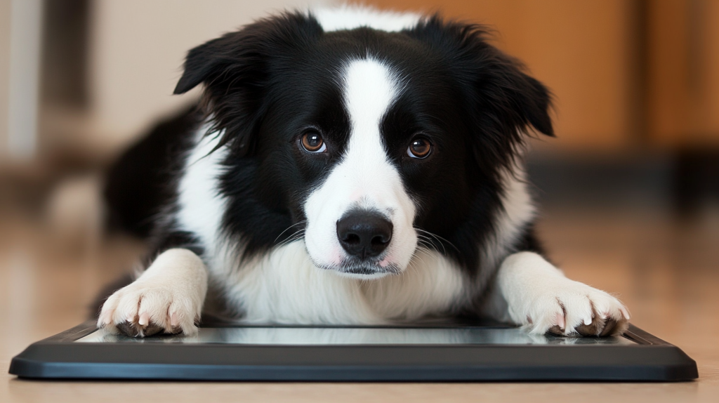 Border Collie on scale displaying average weight of 30-55 pounds