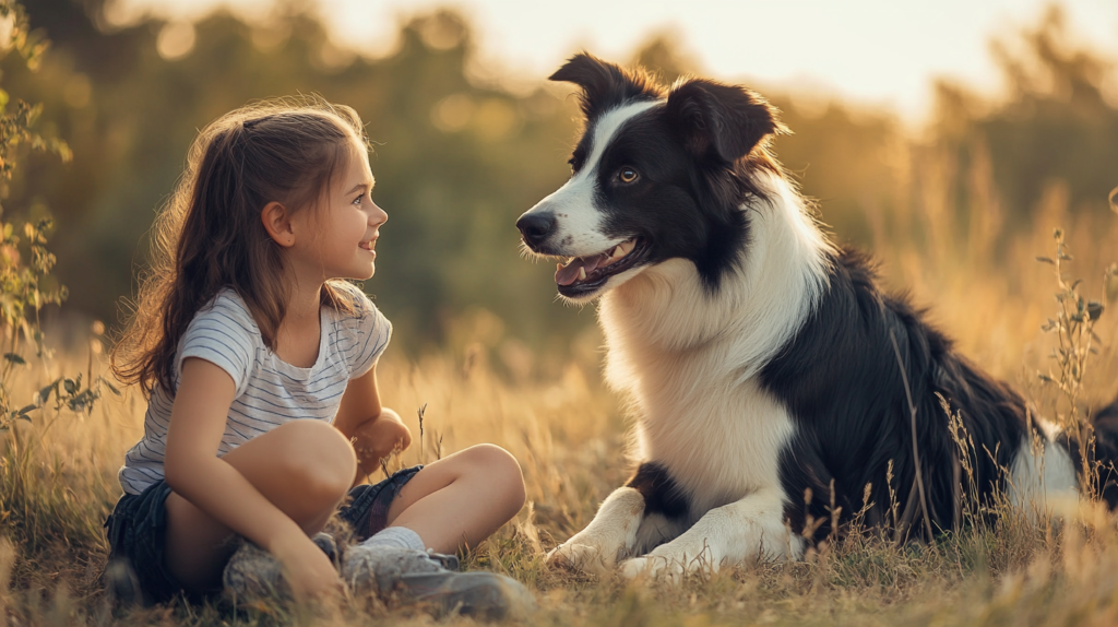 Border Collie interacting gently with children, showcasing family-friendly temperament