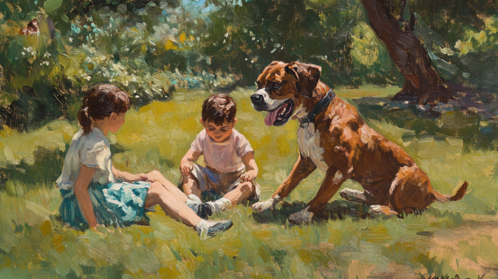 Boxer dog interacting with children, showcasing suitability as a family pet