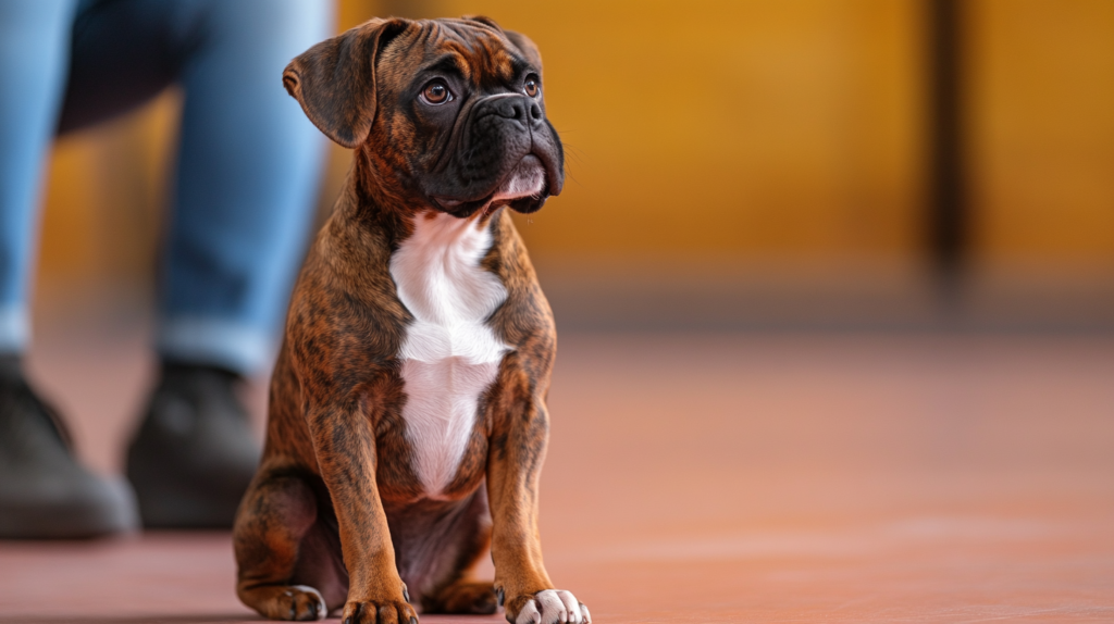 Boxer demonstrating sit, stay, and come commands during obedience training