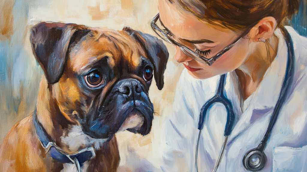 Veterinarian performing heart examination on Boxer dog for cardiomyopathy