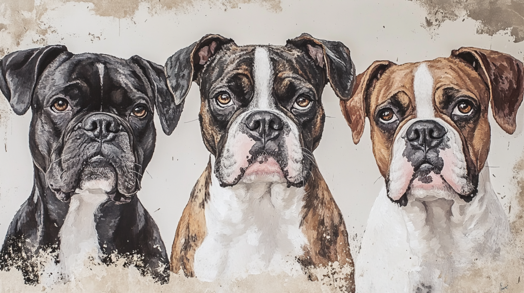 Three Boxer dogs displaying brindle, fawn, and white coat color variations