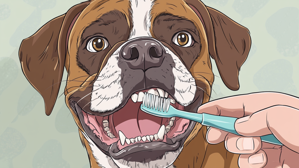 Owner brushing Boxer dog's teeth to prevent dental disease