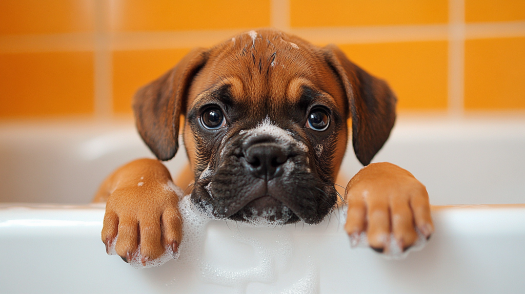 Boxer dog receiving daily care including grooming, feeding, and exercise routine