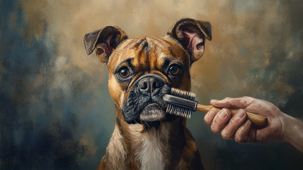 Owner brushing Boxer dog's short coat during weekly grooming routine