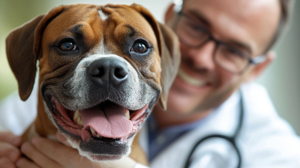 Veterinarian examining Boxer dog, addressing breed-specific health concerns