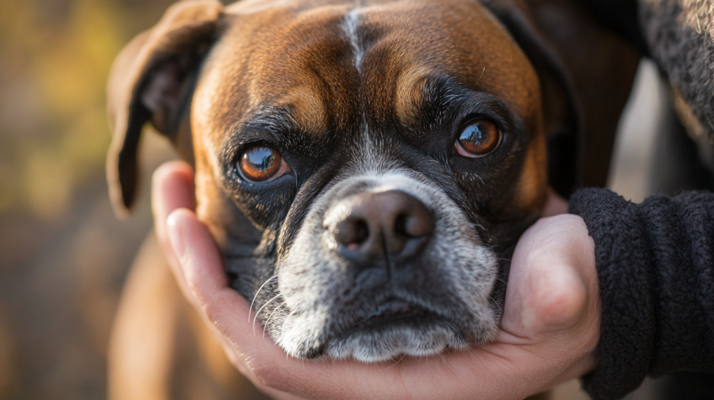 Owner checking Boxer dog's physical condition during regular health assessment