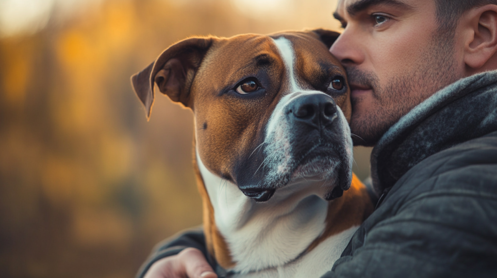 Boxer dog sitting loyally next to owner, showcasing strong bond and devotion