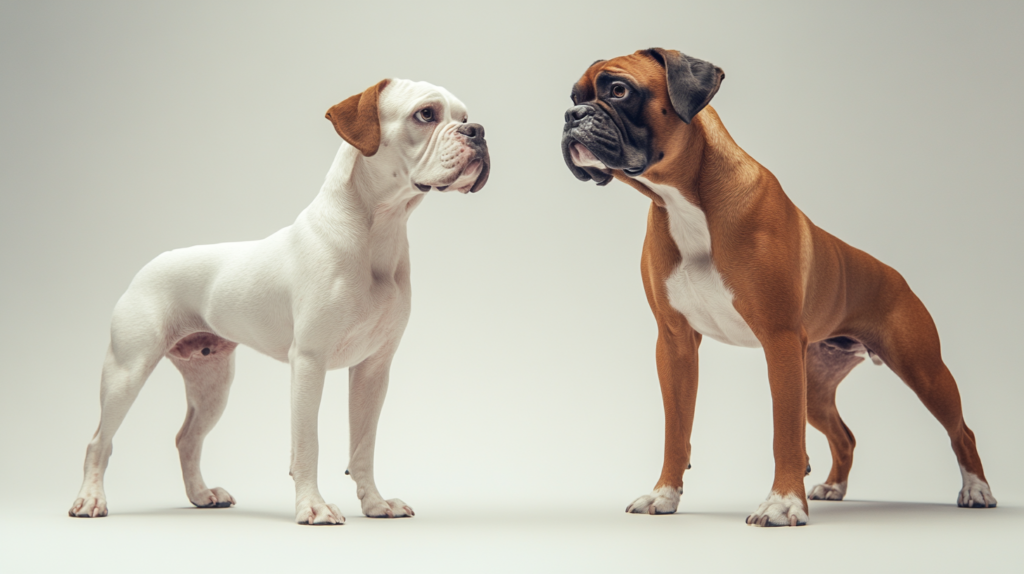 Male and female Boxer dogs side by side showing standard breed size differences