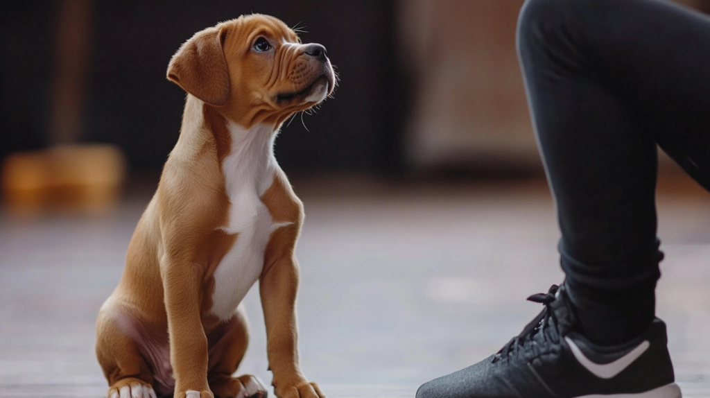 Owner training Boxer dog, demonstrating obedience and learning capabilities