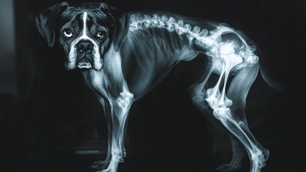 X-ray showing hip dysplasia in Boxer dog compared to healthy hips