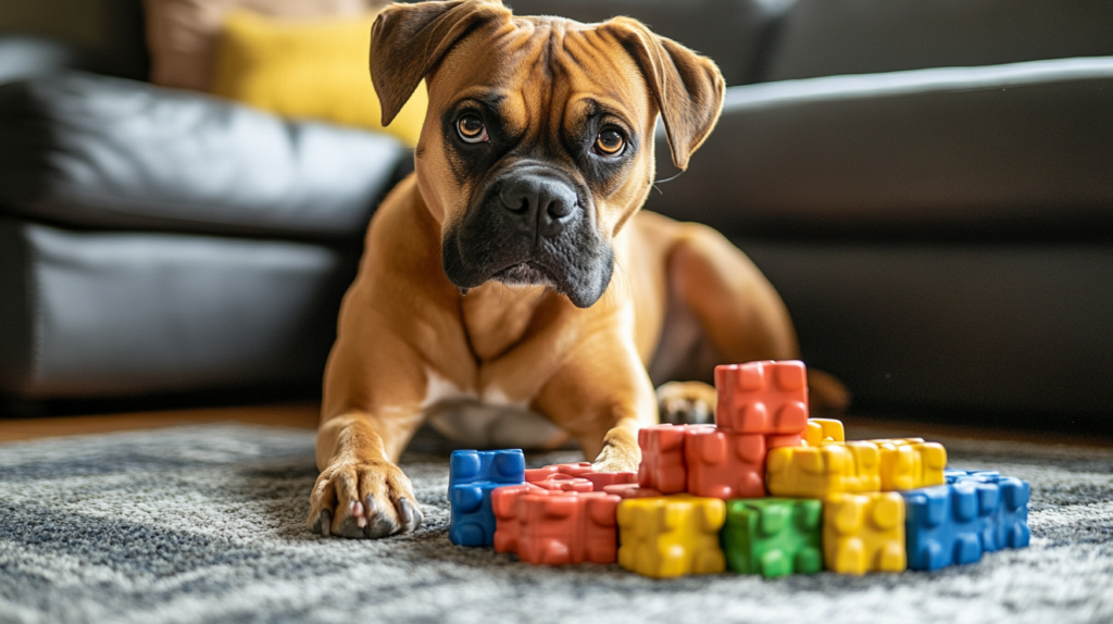 Boxer solving puzzle toy, emphasizing need for mental stimulation