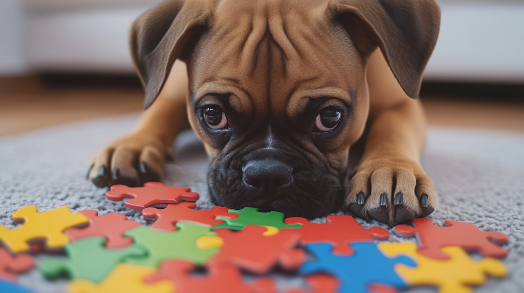 Boxer engaged with puzzle toy during mental stimulation training session