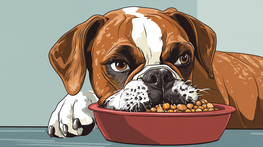 Boxer dog eating balanced meal with proper nutrition for optimal health