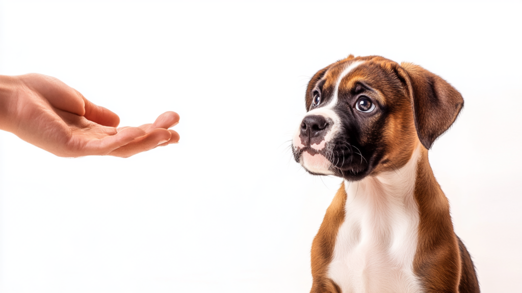 Young Boxer puppy learning basic commands during early training session