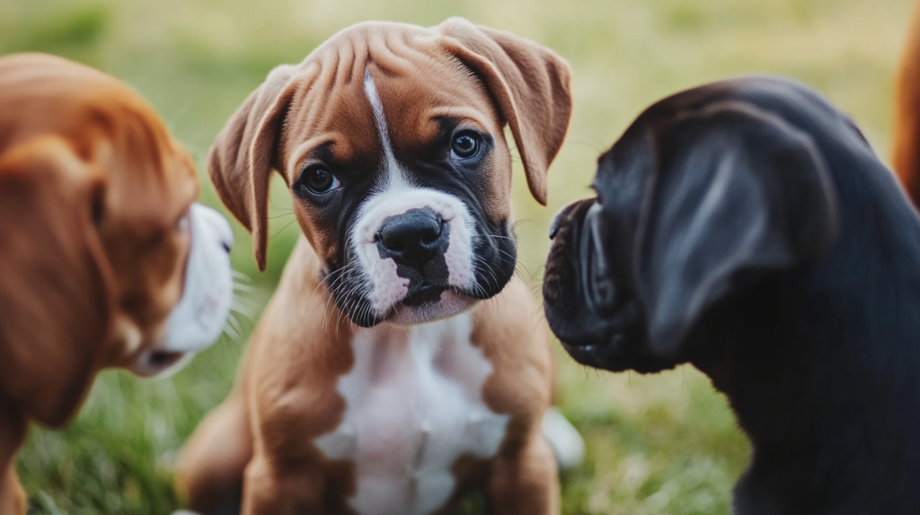 Young Boxer puppy interacting with other dogs during socialization training