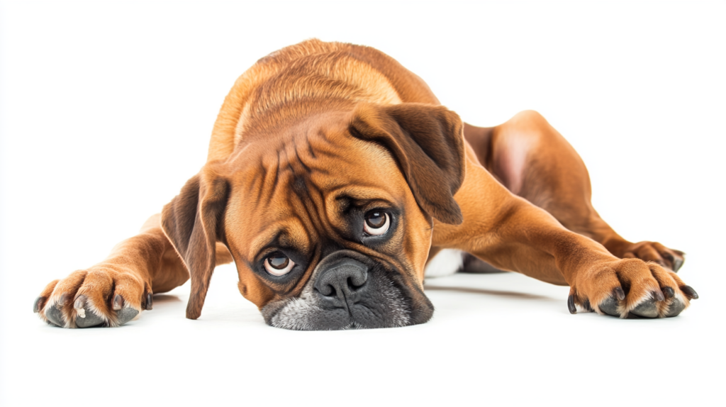 Boxer dog displaying stubborn behavior during training session