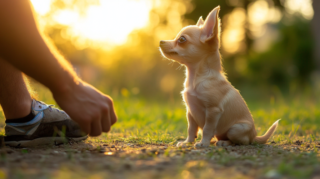 Chihuahua demonstrating sit, stay, and come commands during obedience training