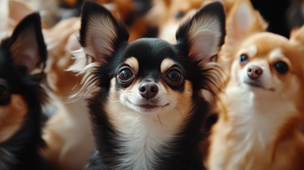 Group of Chihuahuas displaying various coat colors including black, tan, and white