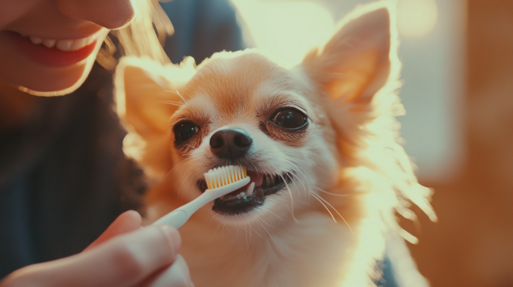 Owner brushing Chihuahua's teeth, highlighting importance of dental hygiene