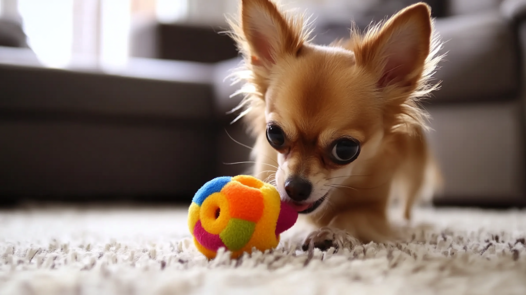 Chihuahua playing indoor games, demonstrating exercise options for small spaces