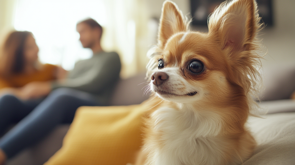 Chihuahua interacting gently with family members, showcasing adaptability to family life