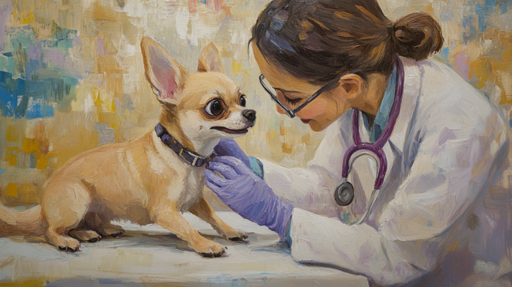 Veterinarian examining Chihuahua's heart, focusing on cardiac health