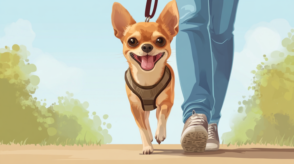 Owner demonstrating proper leash training techniques with Chihuahua