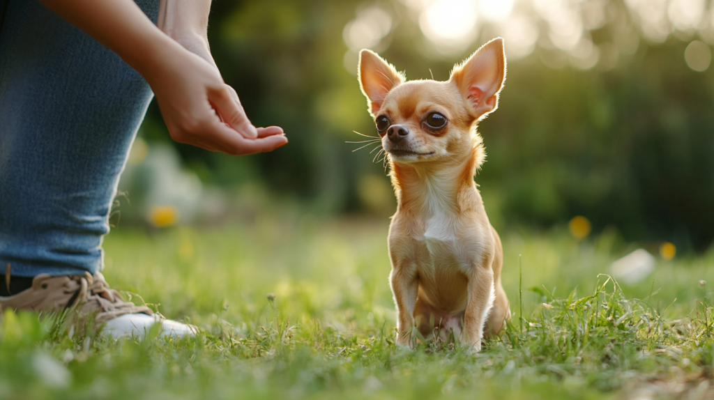 Owner using positive reinforcement techniques to train Chihuahua