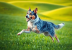 A Blue Heeler runs energetically in a lush green field, showcasing its athletic build and distinctive coat against rolling hills, embodying joy and...