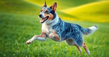 A Blue Heeler runs energetically in a lush green field, showcasing its athletic build and distinctive coat against rolling hills, embodying joy and...