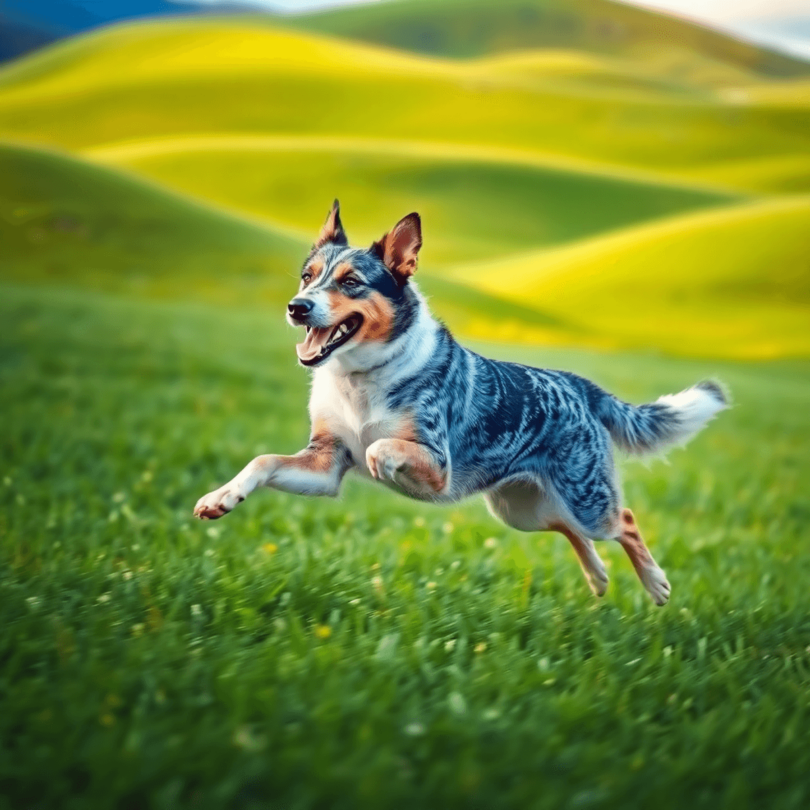 A Blue Heeler runs energetically in a lush green field, showcasing its athletic build and distinctive coat against rolling hills, embodying joy and...