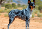 A Blue Heeler stands alert in a rustic Australian landscape, showcasing its blue speckled coat and athletic build, embodying intelligence and loyalty.