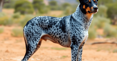 A Blue Heeler stands alert in a rustic Australian landscape, showcasing its blue speckled coat and athletic build, embodying intelligence and loyalty.